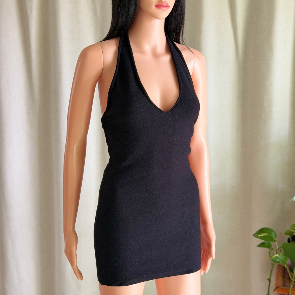 Lioness Black Knit Halter Mini Dress Open Back Bodycon V-Neck S Y2K Clubwear
